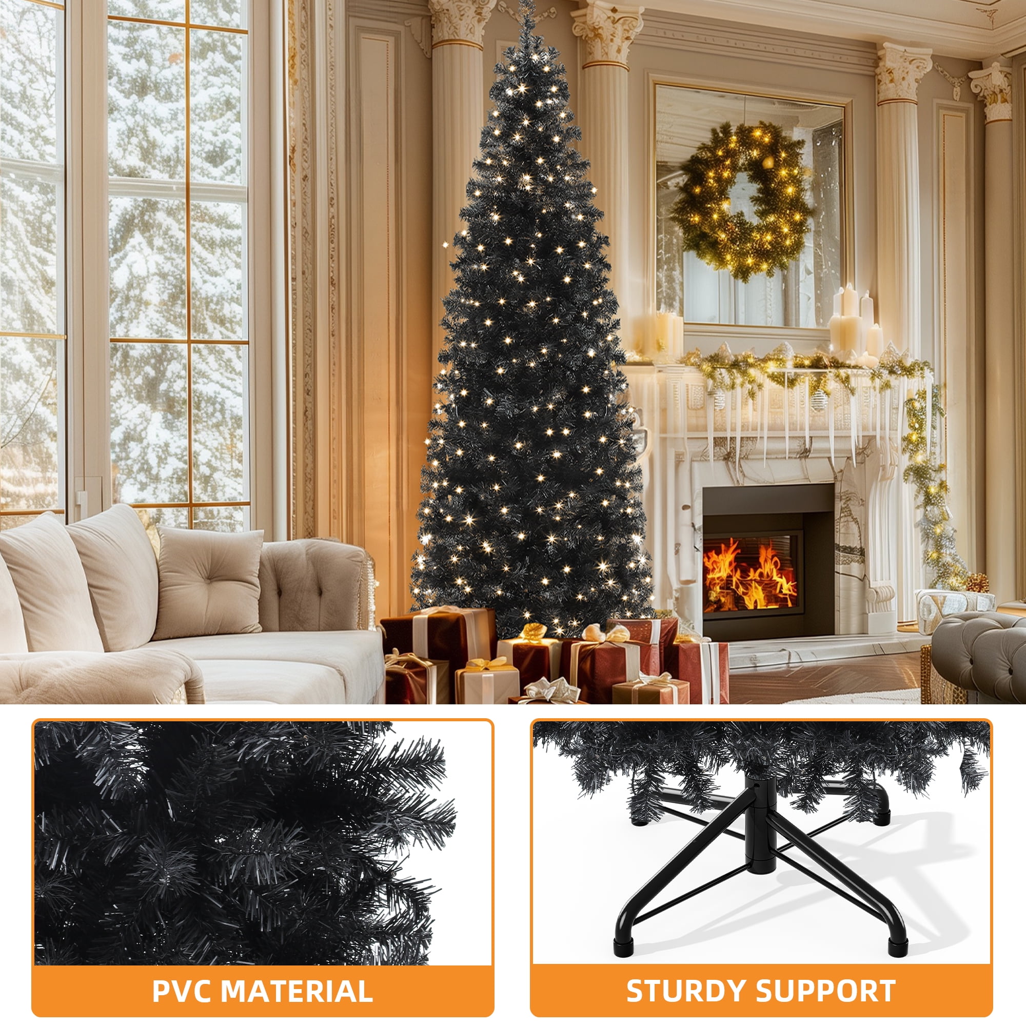 Uforic 7.5ft Pre-Lit Artificial Pencil Christmas Tree,Hinged Slim Hallowee Christmas Tree with 1000 Branch Tips and 350 Lights,Black
