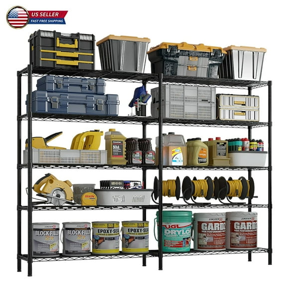 IVV 5-Tier Heavy Duty Metal Storage Shelf, Double Row Design Adjustable Iron Display Rack in Black Finish, Freestanding Organizer with Adjustable Feet for Home, Garage, Office