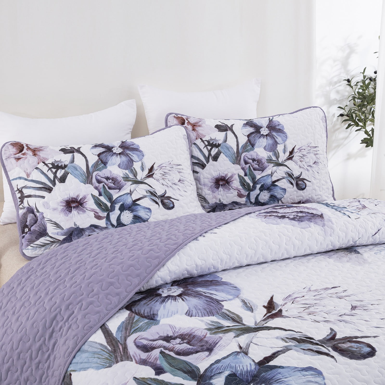 Dintszyayue Big Floral Quilt Set King Size,3Pcs Purple Flower Bedspread Set Reversible Lightweight (90"x110")