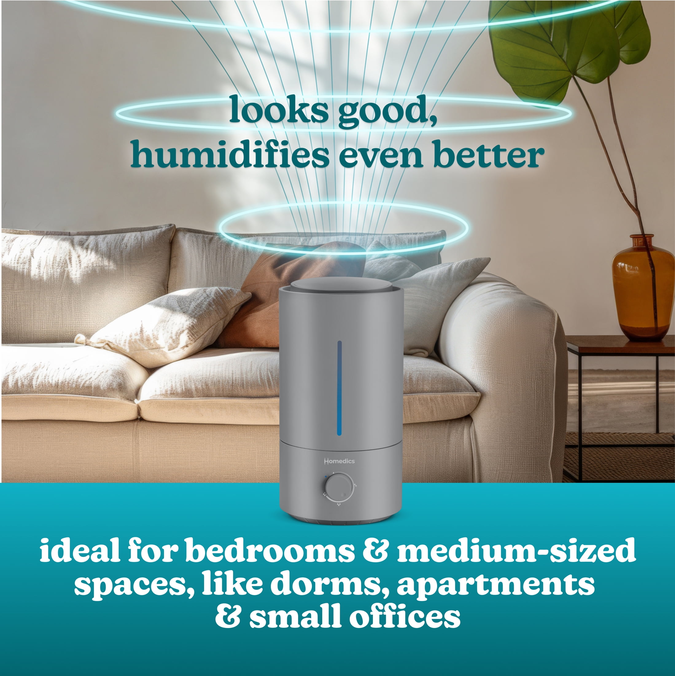 Homedics Ultrasonic Humidifier, Cool Mist, Easy Top Fill with up to 44 Hour Run Time, .96 Gallon, Gray