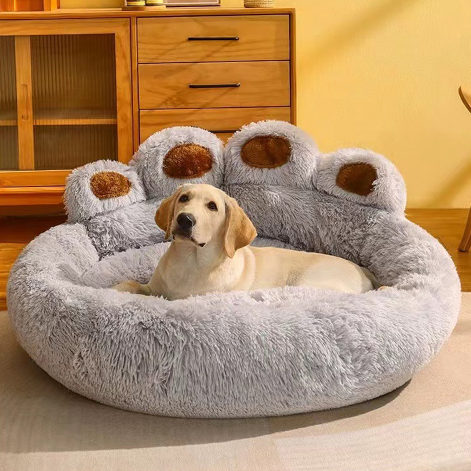 Frogued Pet Nest Paw-Shaped Pet Bed Warm Comfortable Anti-Slip Fluffy Plush Cat Dog Sleeping Nest Pet Supplies Light Grey,70cm