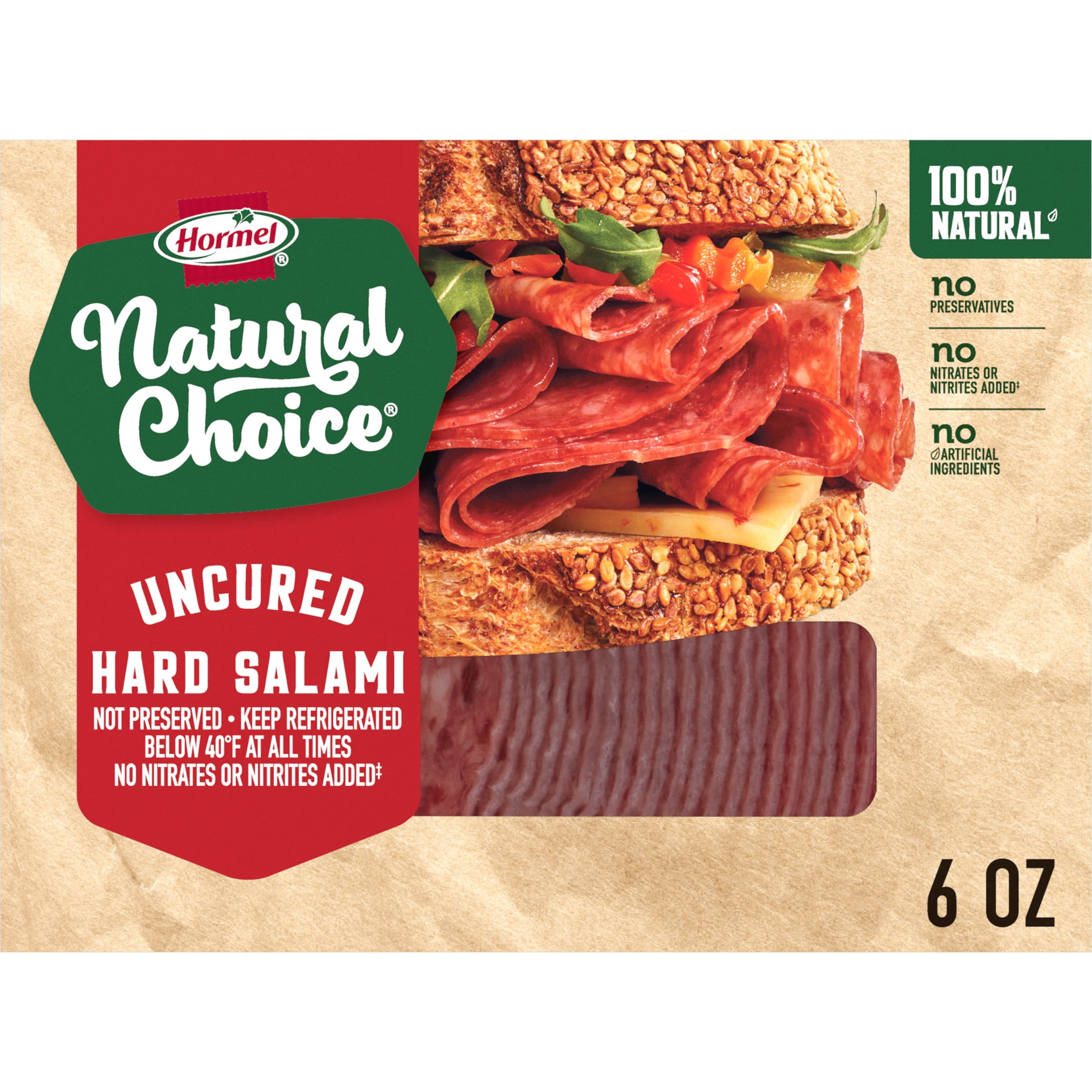 Hormel Natural Choice Uncured Hard Salami Deli Lunchmeat, 6 oz Plastic Package