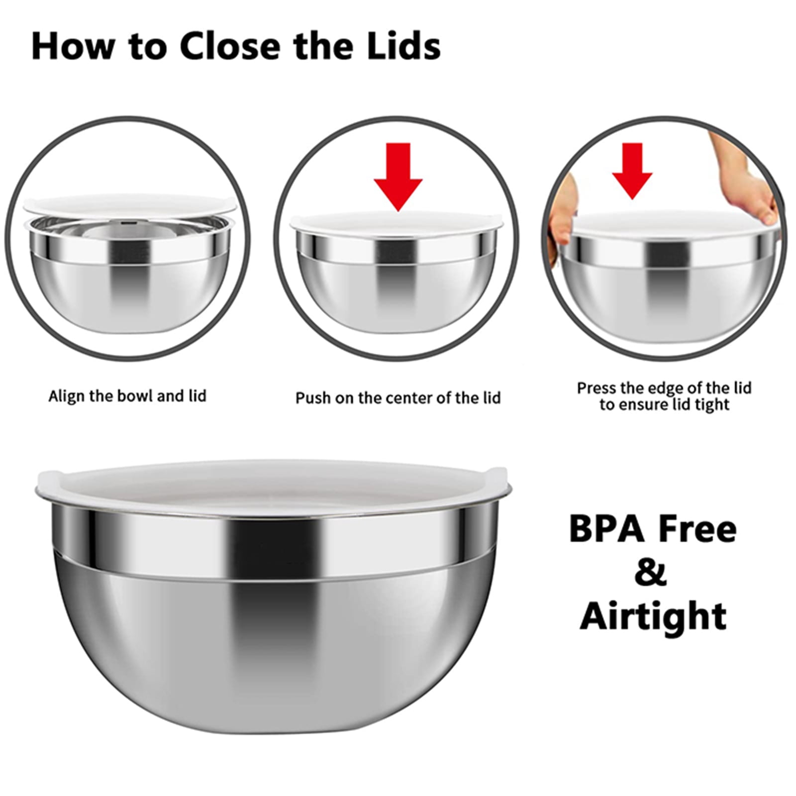 WhiteRhino 6 Pack Stainless Steel Mixing Bowls Set ,Kitchen Metal Meal Prep Bowls with Lids for Baking,Cooking,Serving