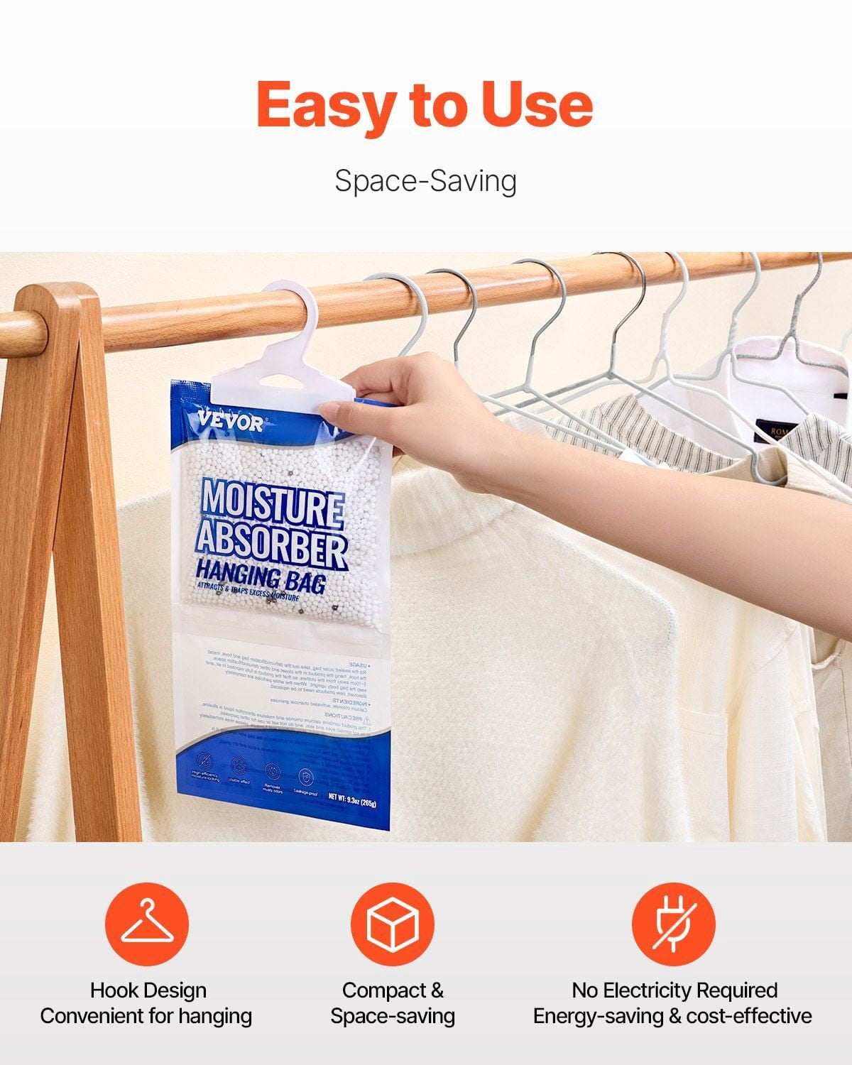Hanging Moisture Absorber 10 Packs, 9.3 oz Closet Dehumidifier Bags with 500ml Capacity, Fragrance-Free Moisture Bags for Wardrobes, Bedrooms, Bathrooms, Kitchens, Damp Spaces, for Odor Control