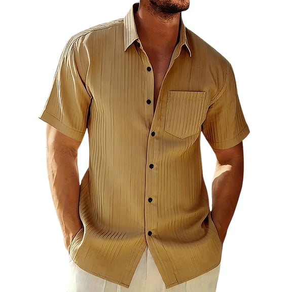 LMOIPLI Men's Short Sleeve Button Down Shirts Casual Textured Breathable Shirt Summer Fashion Hawaiian Beach Tops Khaki XXL