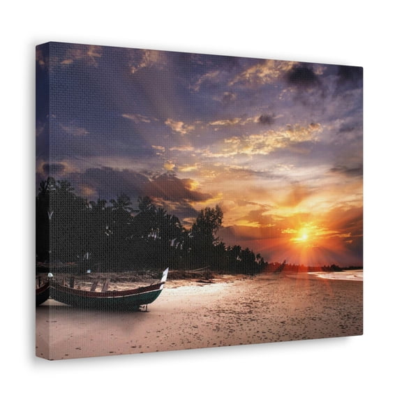 BeABetterHumanStore Brown Beach Sunset Boat Tropical Stretched Canvas Wrap Print Frame Wall Decor