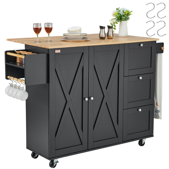 VEVOR Kitchen Island Cart, 56" Wood Top Mobile Carts with Storage Cabinet, Rolling Table with Drop Leaf, Spice Rack, Towel Bar, Adjustable Shelf, Drawer, and Hooks, Portable Islands on Wheels, Black