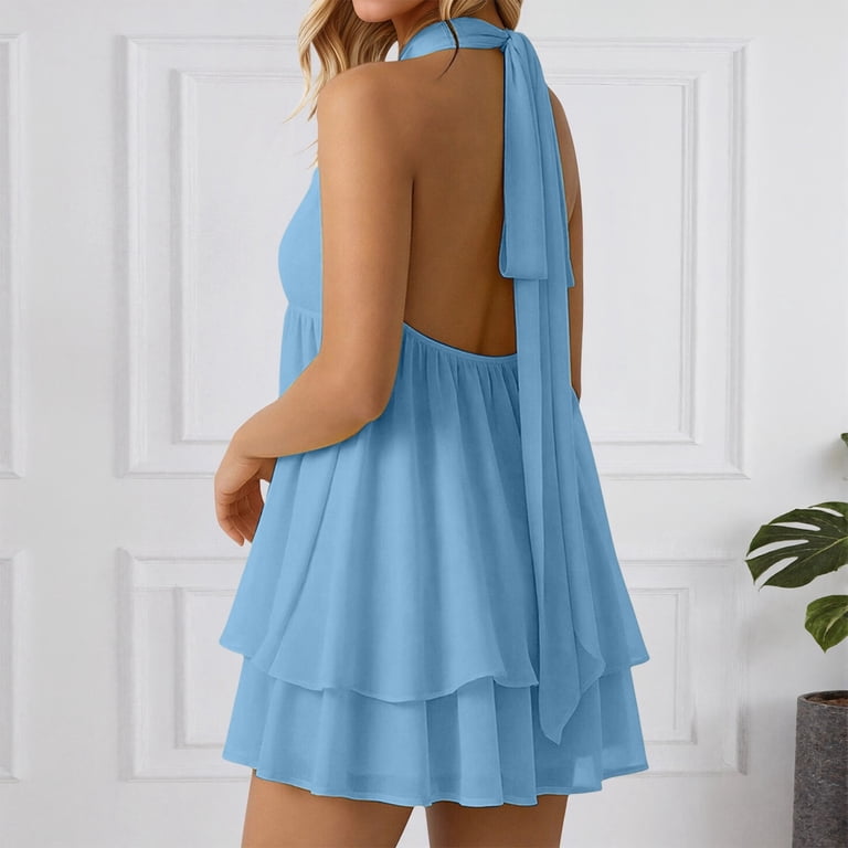 chiffon halter dress short XFeng.Women's Halter Sleeveless Open Back Mini Dress, Layered Chiffon Flowy  Party Short Dress.Yellow.S