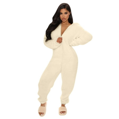 

Women One Piece Fuzzy Warm Sherpa Hooded Pajamas Jumpsuit Zip Up Onesie Sleepwear with Bear Ear Nightwear