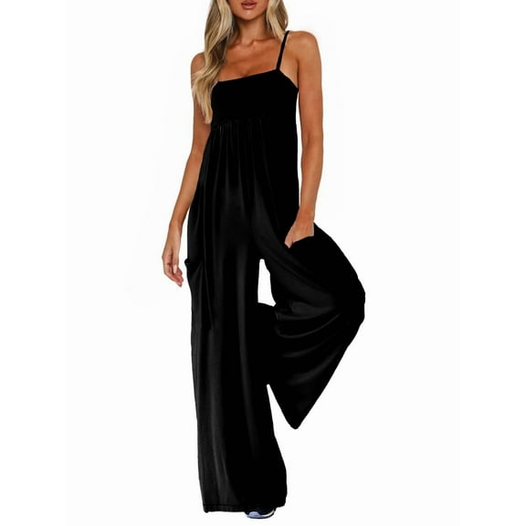 Jumpsuits for Women Spaghetti Strap Wide Leg One Piece Overalls Summer Rompers with Pockets Black L