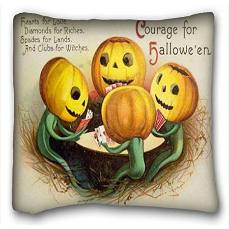 WinHome Cushion Cover Throw Pillow Case Retro Vintage Halloween Pumpkin Lantern Play Poker Card Game Funny Image Zipper Sofa Size 18x18 Inches Two Side