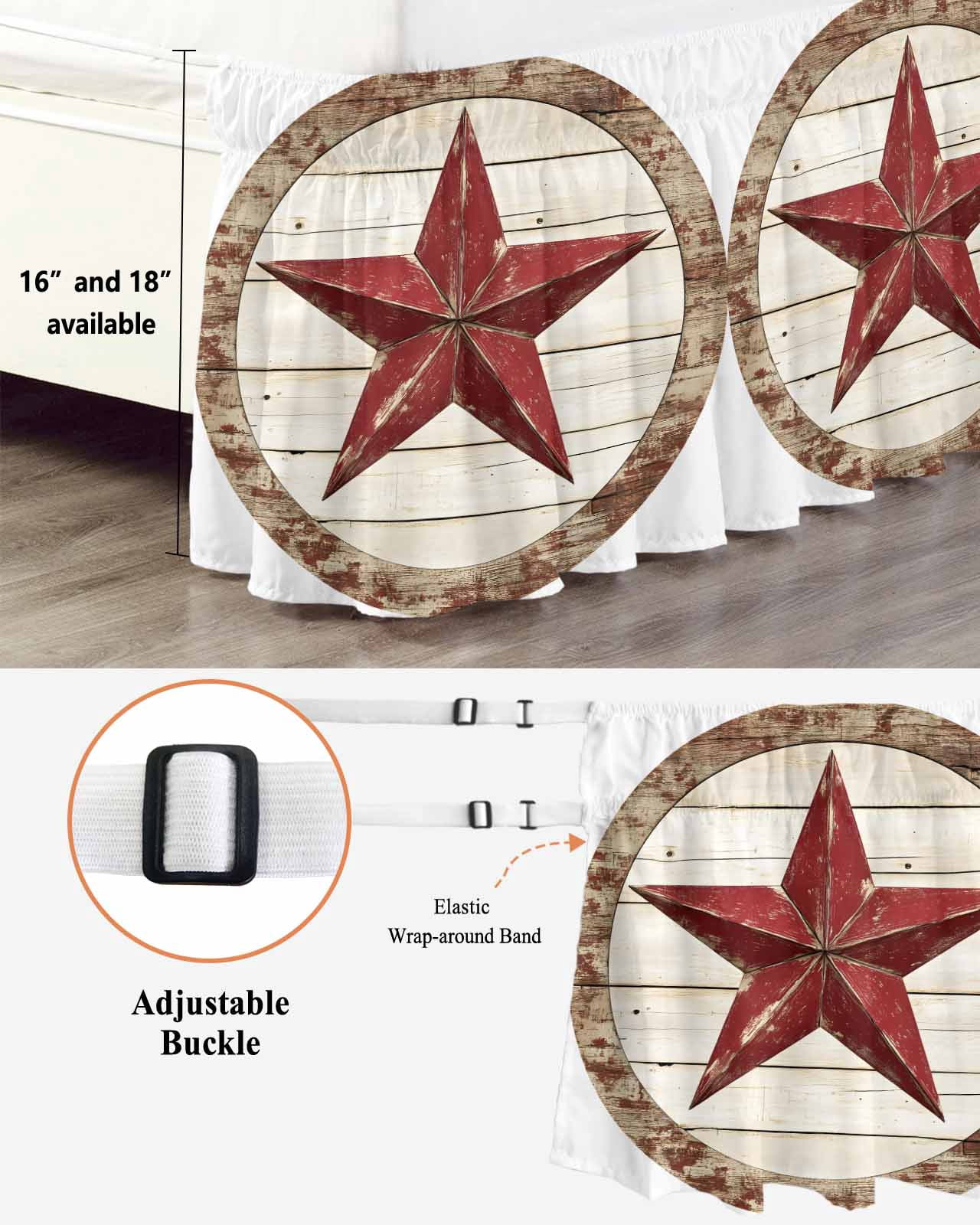 Red Star Bed Skirt California King Size 18 Inch Drop, Country Star Adjustable Elastic Dust Ruffles Bedskirt Wrap Around Pleated Mattress Frame Cover