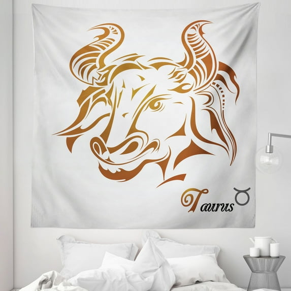 Zodiac Taurus Tapestry, Animal Face with and Design Horoscope Style Art Print, Fabric Wall Hanging Decor for Bedroom Living Room Dorm, 5 Sizes, Pale Brown Pale Grey, by Ambesonne