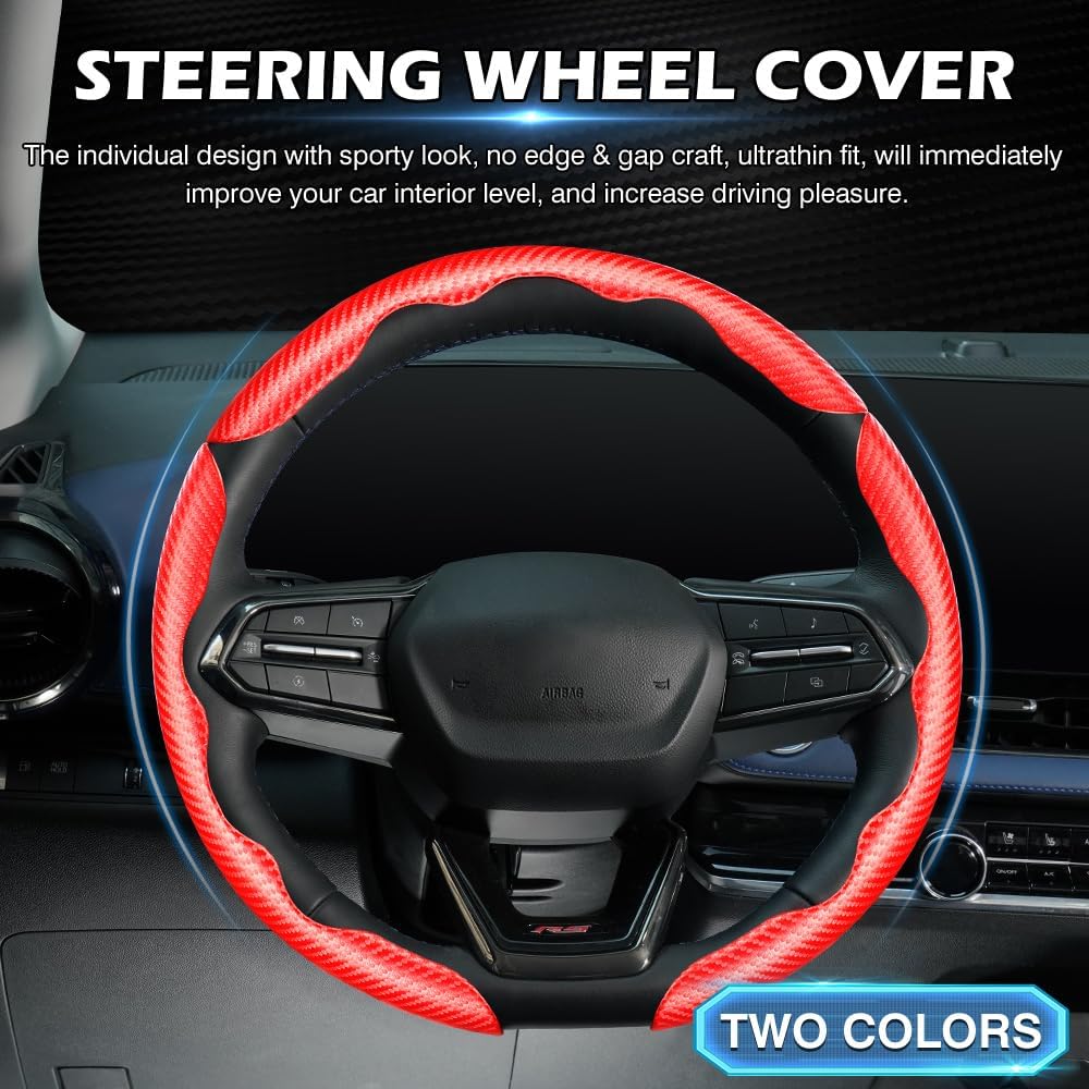 Canvcle 3 Piece Carbon Fiber Steering Wheel Cover, Car Steering Wheel Cover for Men/Women, Anti-Slip, Comfortable Grip, Durable, Universal for 99% Car Interior Accessories (Red)