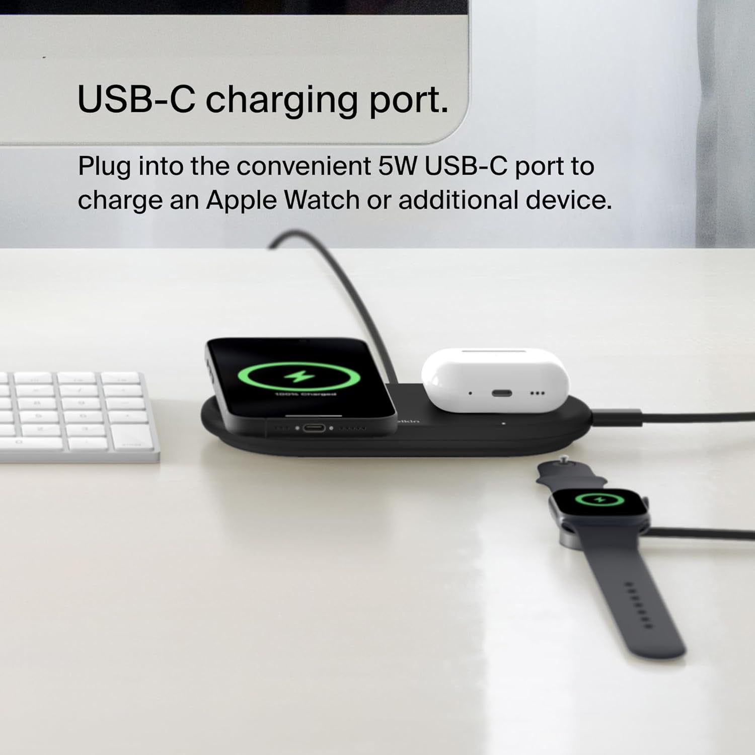 Belkin 2-in-1 Wireless Charging Pad w/ Qi2 15W + Additional USB-C Port - MagSafe-Compatible iPhone Charger, Charging Station for iPhone 16, iPhone 15, & iPhone 14 Series, AirPods, and More - Black