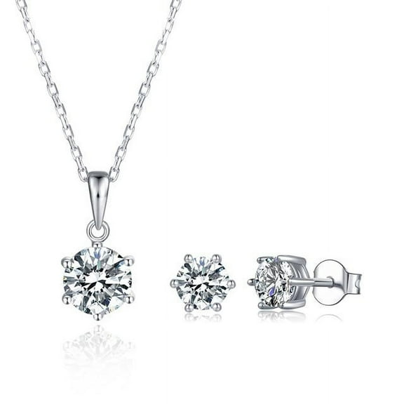Platinum Plated Sterling Silver Moissanite Stud Earrings (5 MM Round, 1 CT DEW, CERTIFIED) & Matching Pendant (6.5 MM, 1 CT DEW, Certified)