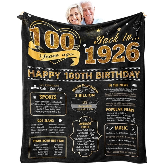 Birthday Gifts for 100 Year Old Woman, 100th Birthday Gifts for Women Men, 100th Birthday Gift Ideas Throw Blanket 40x50 Inch, Happy 100th Birthday Decorations for Women Men, 1926 Birthday Gifts