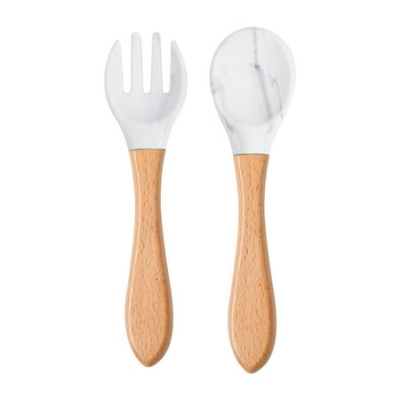 

Ziizwfa Wood Handle Silicone Spoon Fork Set Baby Feeding Utensils Kid Training Tableware