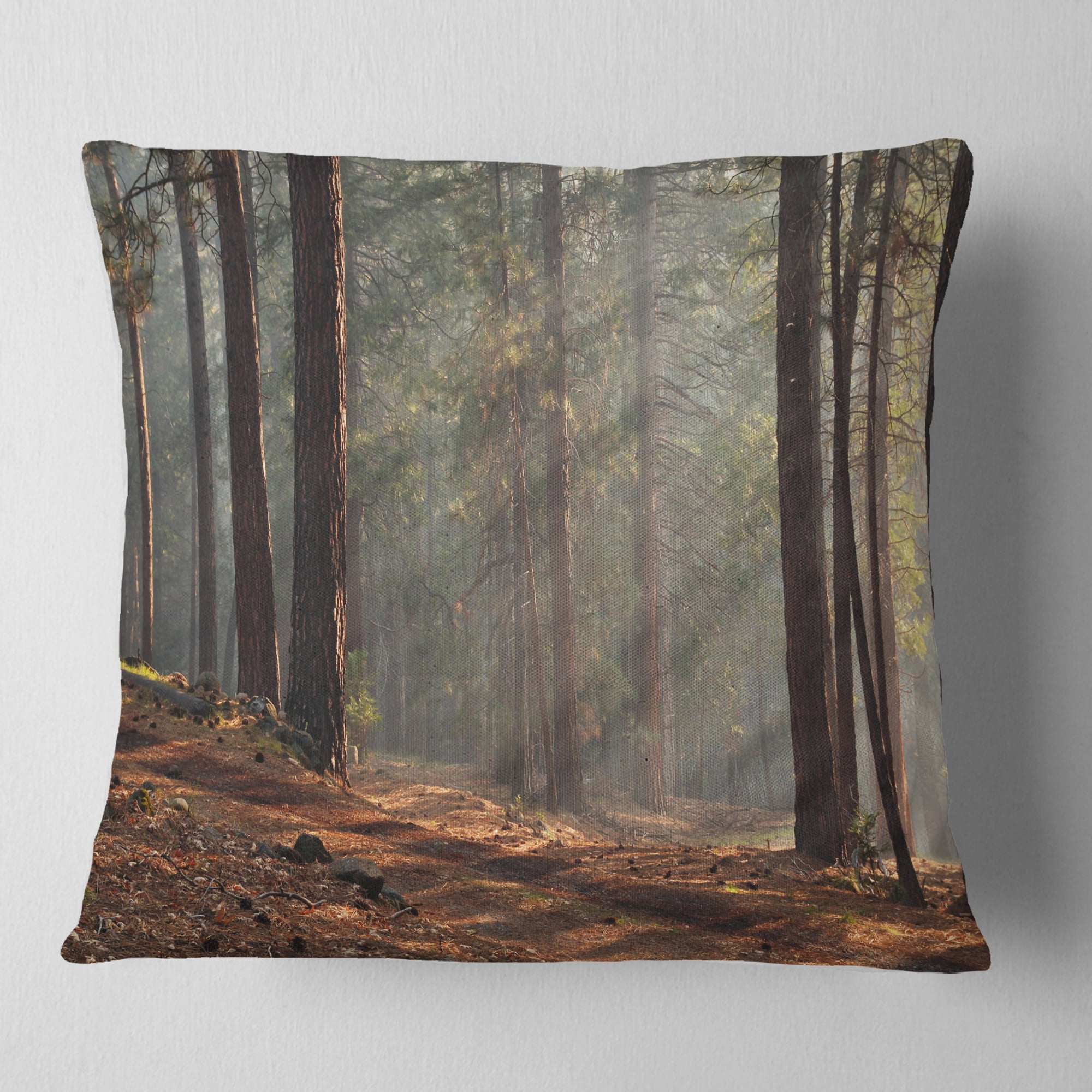 Designart Rays of Sun in Dense Forest - Landscape Photo Throw Pillow - 16x16