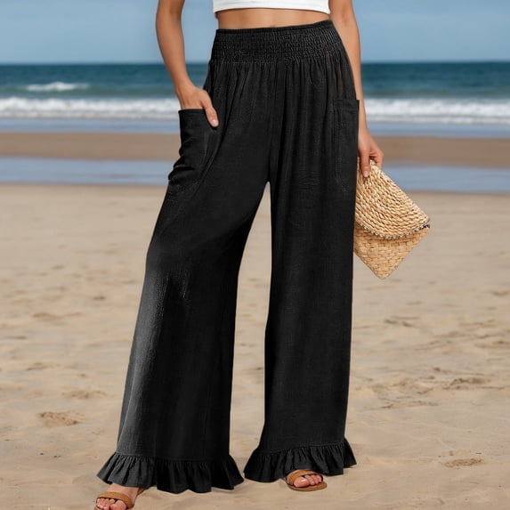 Arlun Summer Linen Pants Women Wide Leg Ruffle Hem Palazzo Pants Elastic High Waisted Lightweight Loose Flowy Beach Vacation Trousers with Sides Pockets Black M
