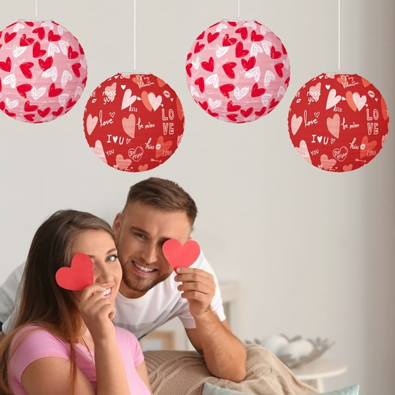Dserhfy 3 Pcs Valentine's Day Paper Lanterns Red Pink Love Heart Hanging Lanterns Round Party Lanterns for Wedding Anniversary Decor