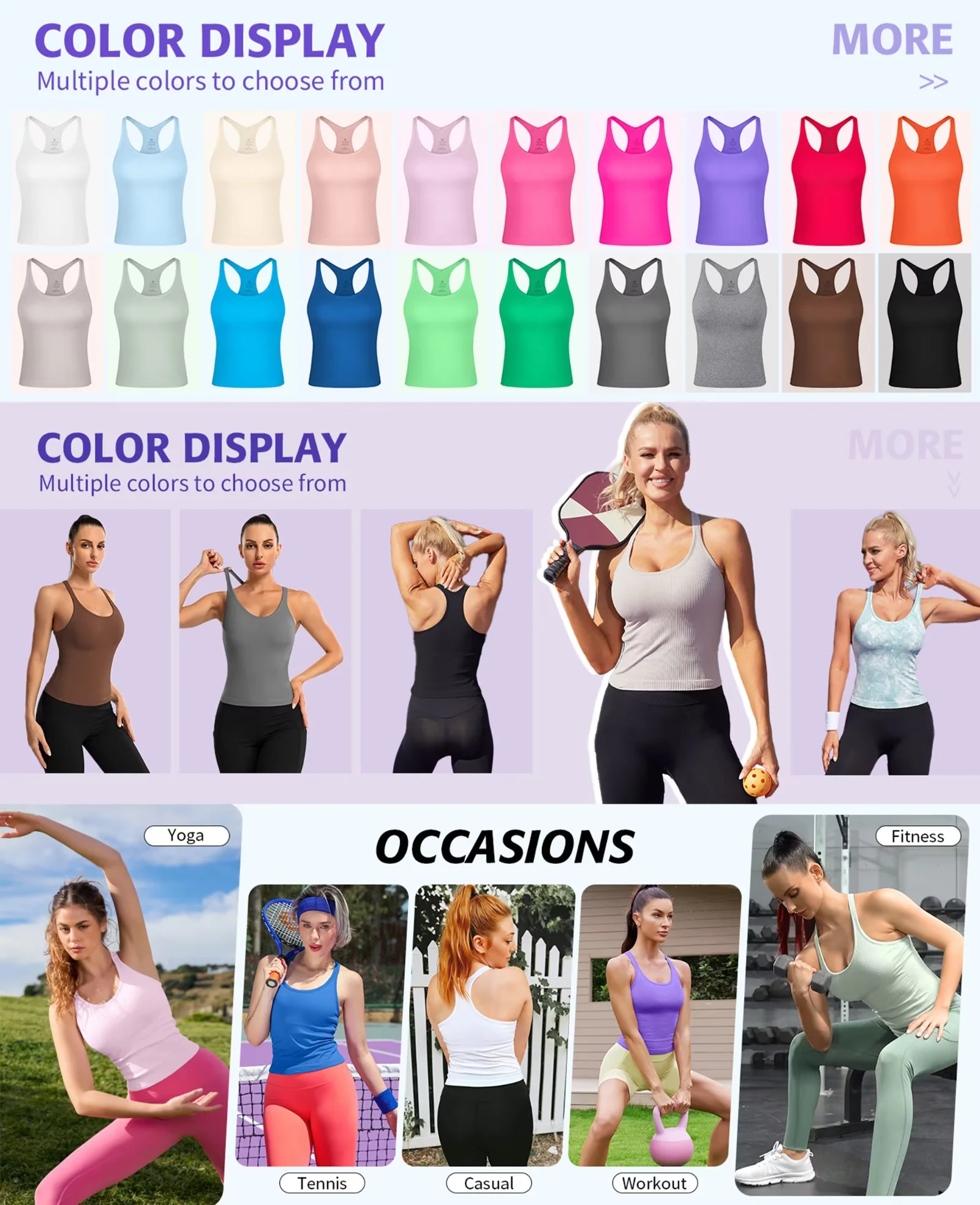 ANFERRY Ribbed Athletic Tank Tops for Women with Built in Bra Racerback Seamless Scoop Neck Workout Camis Top