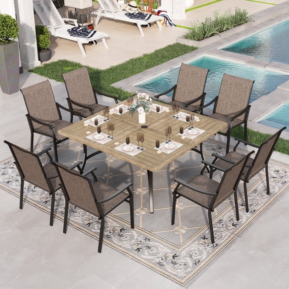 Sophia & William 9 Pieces Outdoor Patio Dining Set with 8Pcs Textilene Chairs & 1Pc 60" x 60" Teak-color Metal Table for 8