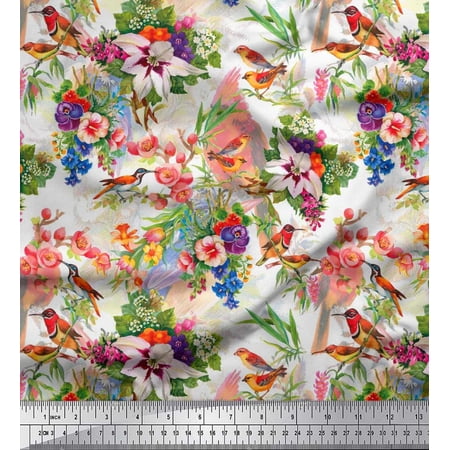 Soimoi Poly Georgette Fabric Birds Leaves & Lily Floral Decor Fabric Printed Yard 42 Inch Wide