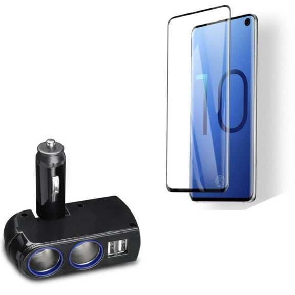Galaxy S10  DC Socket Car Charger Splitter w Tempered Glass Screen Protector - 2-Port USB Power Adapter, [Fingerprint Works] 3D Curved Edge Full Cover for Samsung Galaxy S10