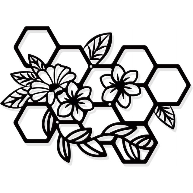 Decoración de pared de metal con diseño floral en forma de panal, decoración de pared negra, silueta de arte de pared