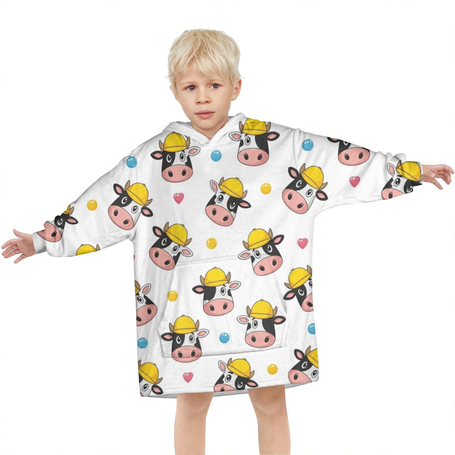 White Cow Head Hat Pattern Blanket Hoodies for Kids 6-13YR Oversize Wearable Blanket Hoodies for Boys Girls Teens