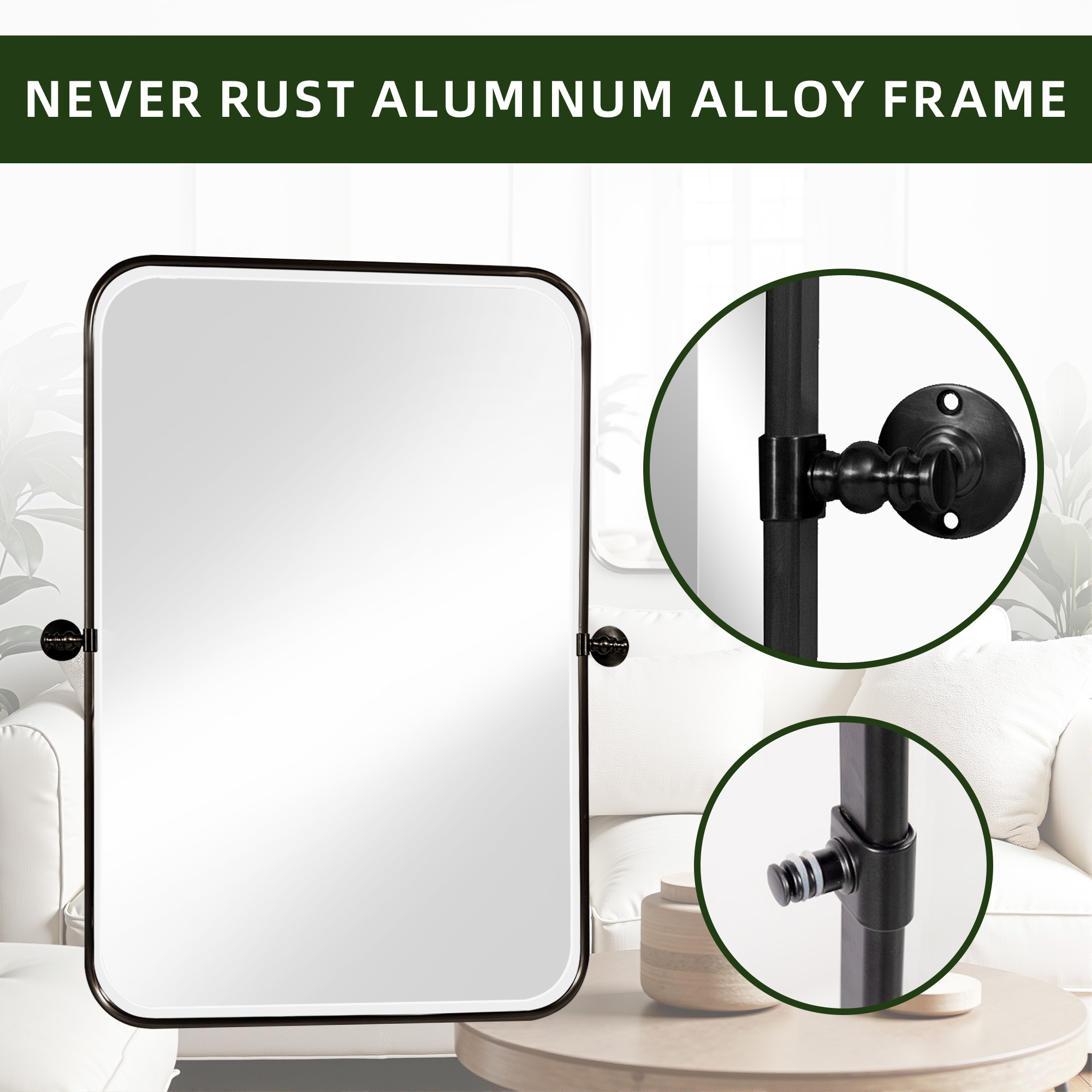 MAYEERTY 32"×24" Black Iron Rectangular Wall Mirror Rounded Corners, Hardware, Double-Sided for Bathroom