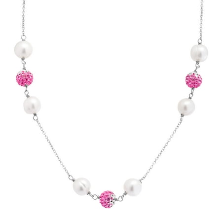 Crystaluxe Freshwater Pearl Station Necklace with Pink Ombr Swarovski Crystals in Sterling Silver