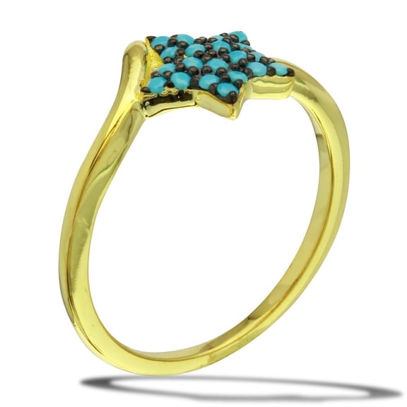 Gold Plated 925 Sterling Silver Star Ring Simulated Turquoise Beads Blue CZ Female Size 6