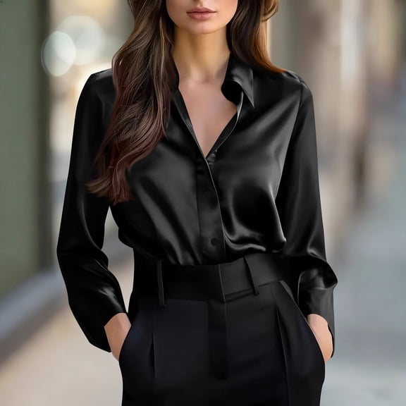 Qulqfy Black Button Down Shirts for Women Long Sleeve Dressy Silk Shirts Business Causal Collared Shirts Women's Fall Tops