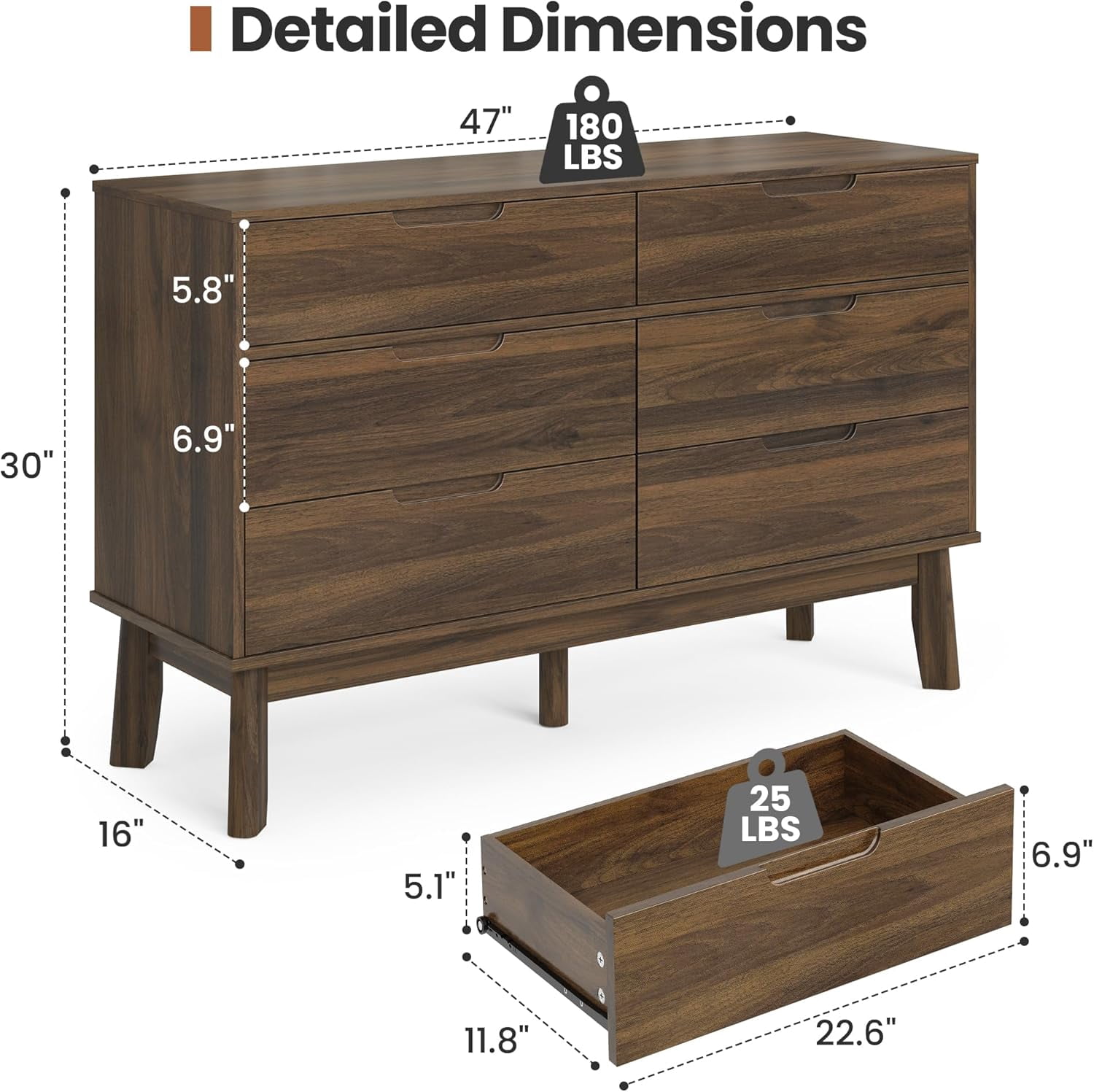 47" Wide Wooden Dresser for Bedroom, Mid-Century Modern 6 Drawer Double Dresser with Natural Wood Grain, Large Horizontal Storage Chest for Living Room, Anti-Tip Kit, Dark Walnut
