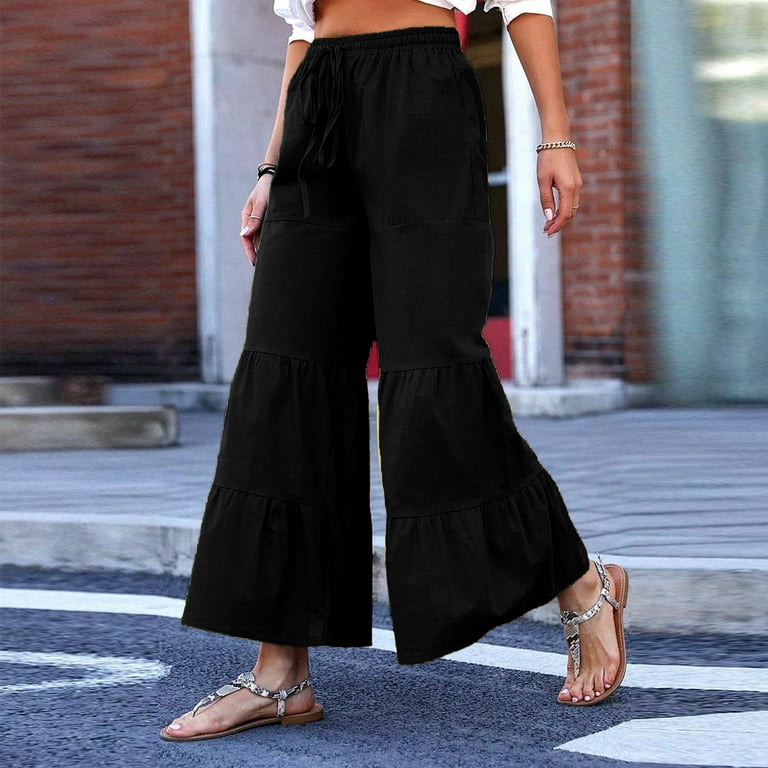 PBNBP Linen Pants for Women,Capri Pants for Women Linen Wide Leg Elastic  Waisted Pants Casual Summer Cropped Lounge Trousers with Pockets 