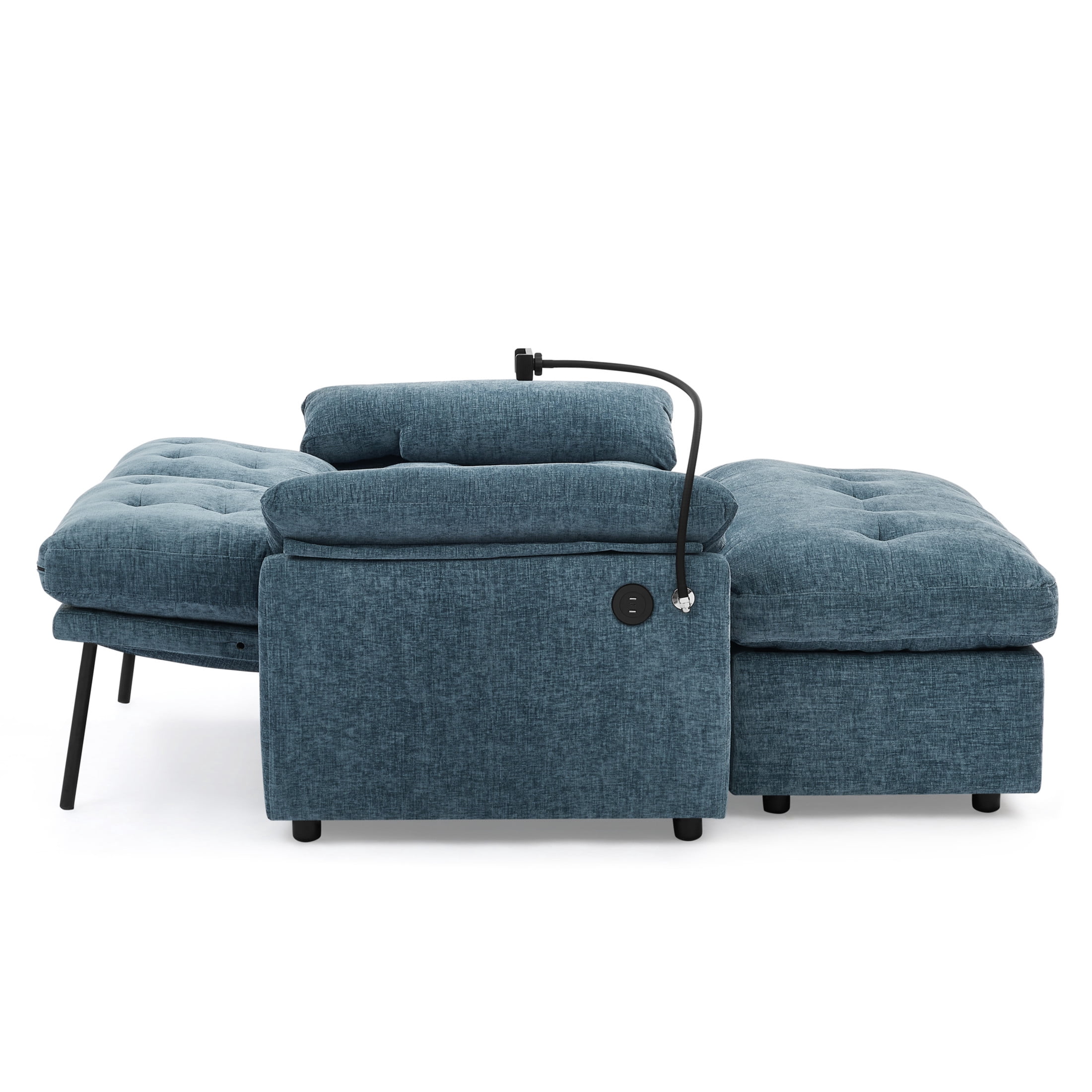 Noble House Wesley Double Sofa Recliner, Adjustable Chenille Fabric Chair with Charging Port and Storage Ottoman, Blue