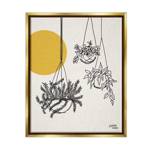 Stupell Industries Hanging Potted Plant Minimal Yellow Sun Lines Graphic Art Metallic Gold Floating Framed Canvas Print Wall Art, Design by Jess Baskin