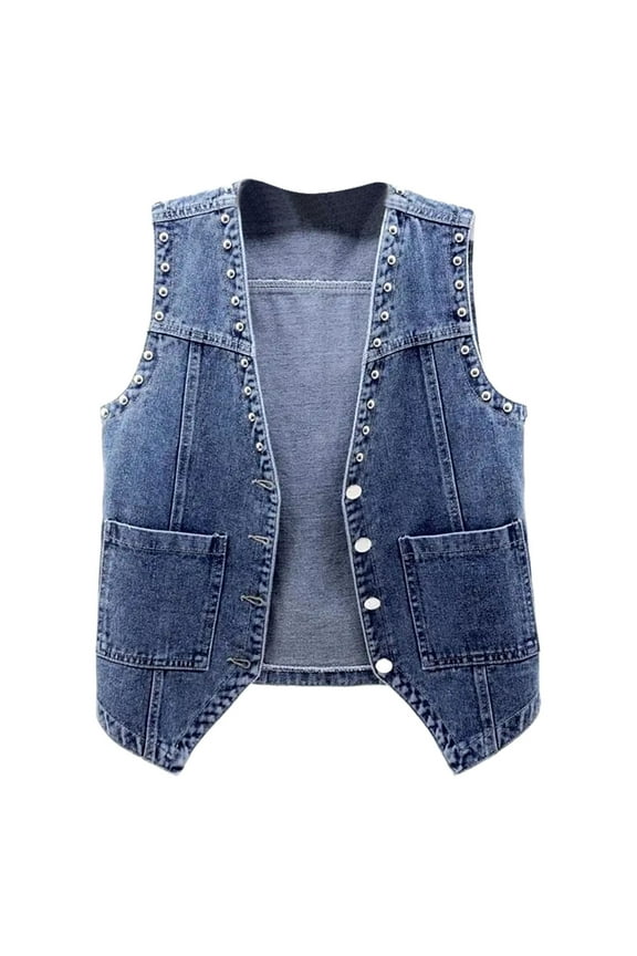 Womens Denim Jean Vest Classic Button Up Cropped Distressed Sleeveless Slim Jean Jacket With Pocket