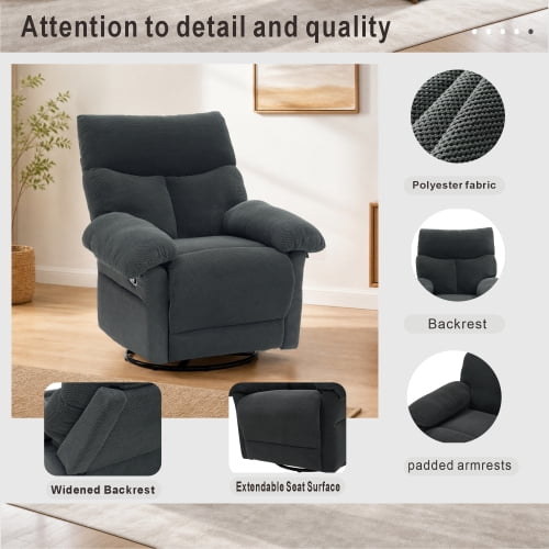 Modern Swivel Rocker Recliner Chair, Manual Overstuffed Glider Armchair with Textured Fabric, 360° Swivel & Rocking for Living Room and Nursery, Dark Gray