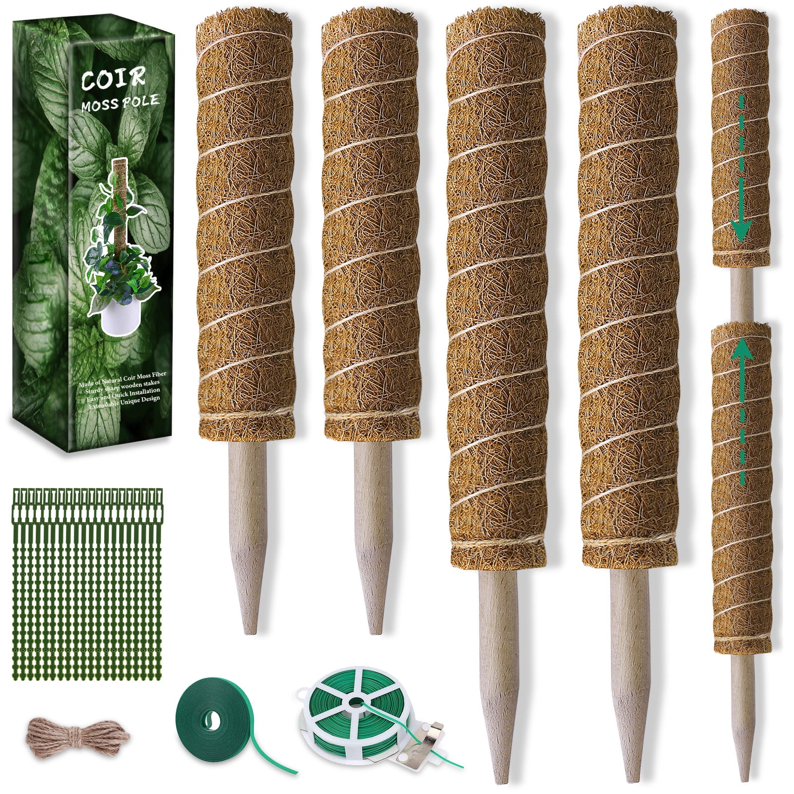 Moss Pole for Plant Climbing Support 4 Pack(17'x2, 12'x2), Coir Totem Stackable Sticks, Brown