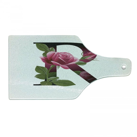 Letter R Cutting Board, Capitalized R with Flower of Love Rose Nature Inspired Font Alphabet, Decorative Tempered Glass Cutting and Serving Board, Wine Bottle Shape, Pink Green White, by Ambesonne