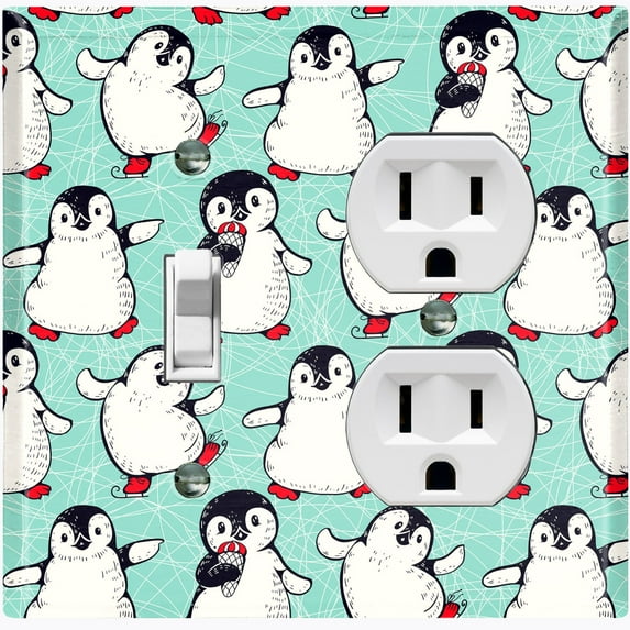 Metal Light Switch Plate Cover Cute Penguins Ice Skating Teal BRD001