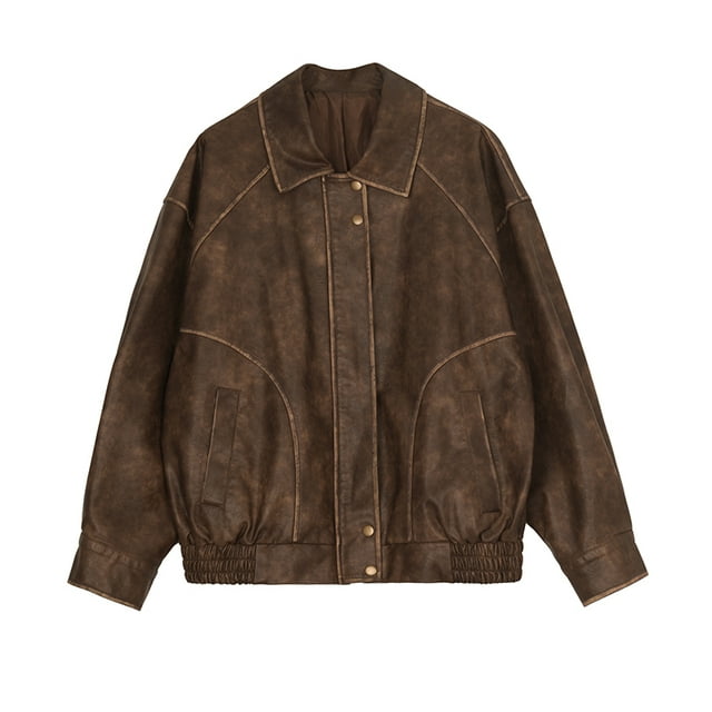 Spring and Autumn 2025 Retro Distressed Brown Leather Jacket American Sweet Cool Motorcycle Pu Leather Jacket Short Jacket Brown XL