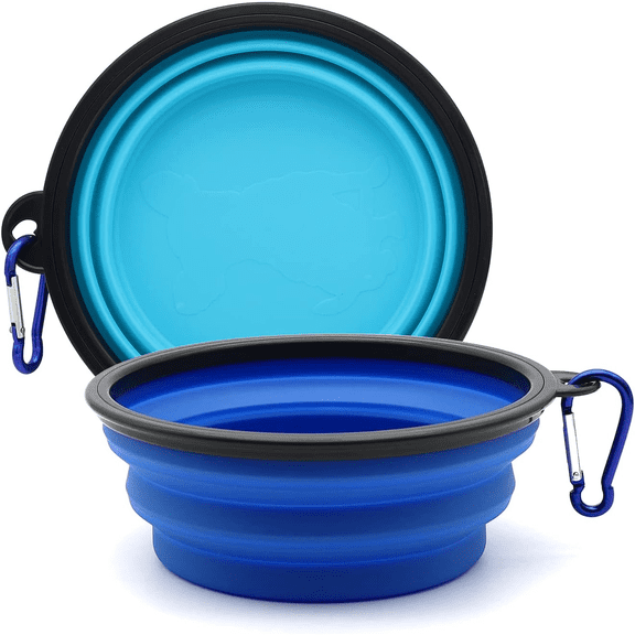 4-Pack Collapsible Dog Bowls, Portable Silicone Pet Water & Food Bowl with Carabiner Clip, Travel Puppy Cat Feeding Dish (350ml/12oz) — 2 Light Blue 2 Dark Blue
