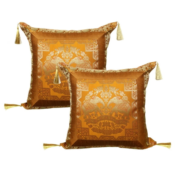 Stylo Culture Ethnic Brocade Decorative Throw Pillow Covers Mustard Yellow Gold 18 x 18 Jacquard Tassels Couch Cushion Covers 45x45 cm Polydupion Silk Zippered Elephant Pillowcases | Set Of 2