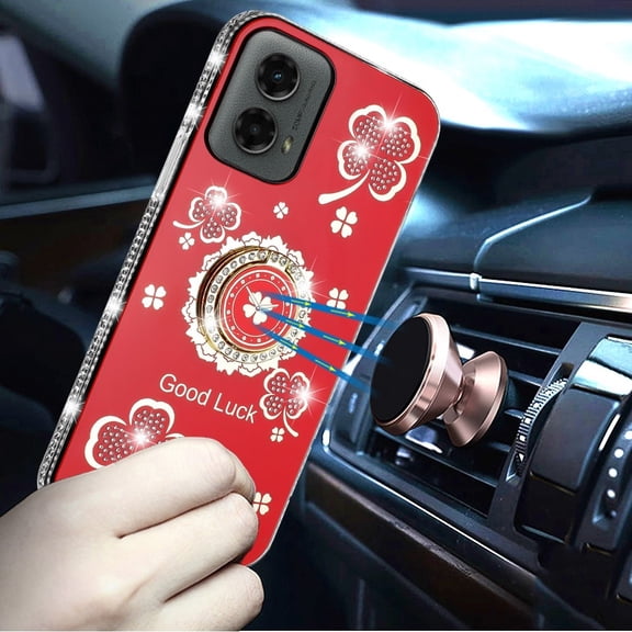 For Motorola Moto G 5G 2024 Splendid Glitter with Diamonds All Around Edges Ring Stand Case Cover - Red