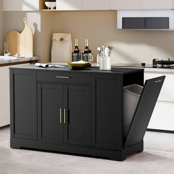 Pirecart Kitchen Island with Trash Bin Cabinet, 3 Open Shelves, Drawer and 3-Level Adjustable Shelves, Black