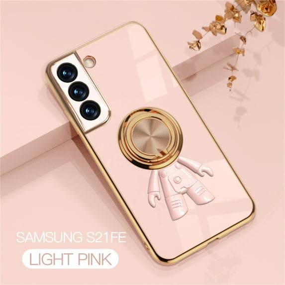 SaniMore for Samsung Galaxy S21 FE All-Inclusive Electroplating Silicone Magnetic Case, Three Dimensional Astronaut Case with Car Mount & Ring Kickstand Shockproof Protective Cover, Lightpink
